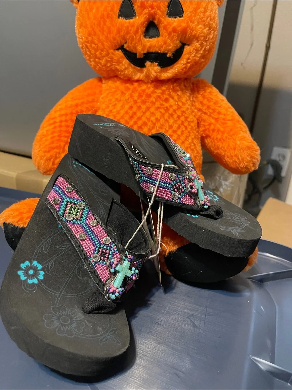 Montana West Black Flip Flop Sandals with Pink & Turquoise Beaded Straps